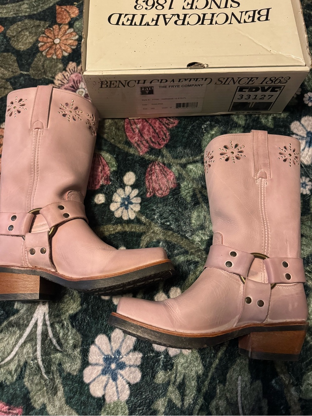 Frye Pink Leather Harness Booties with Cutout Floral Details - Picture 4 of 6